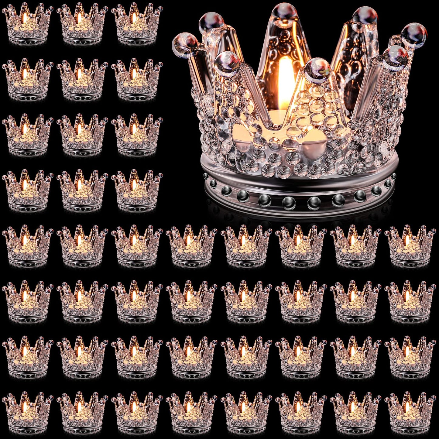 EBOOT 48 Pcs Crown Tealight Candle Holders Glass Clear Votive Holders Tealight Crystal Votive Candle Stand for Wedding Valentines Day Table Centerpieces Home Decor(Clear)
