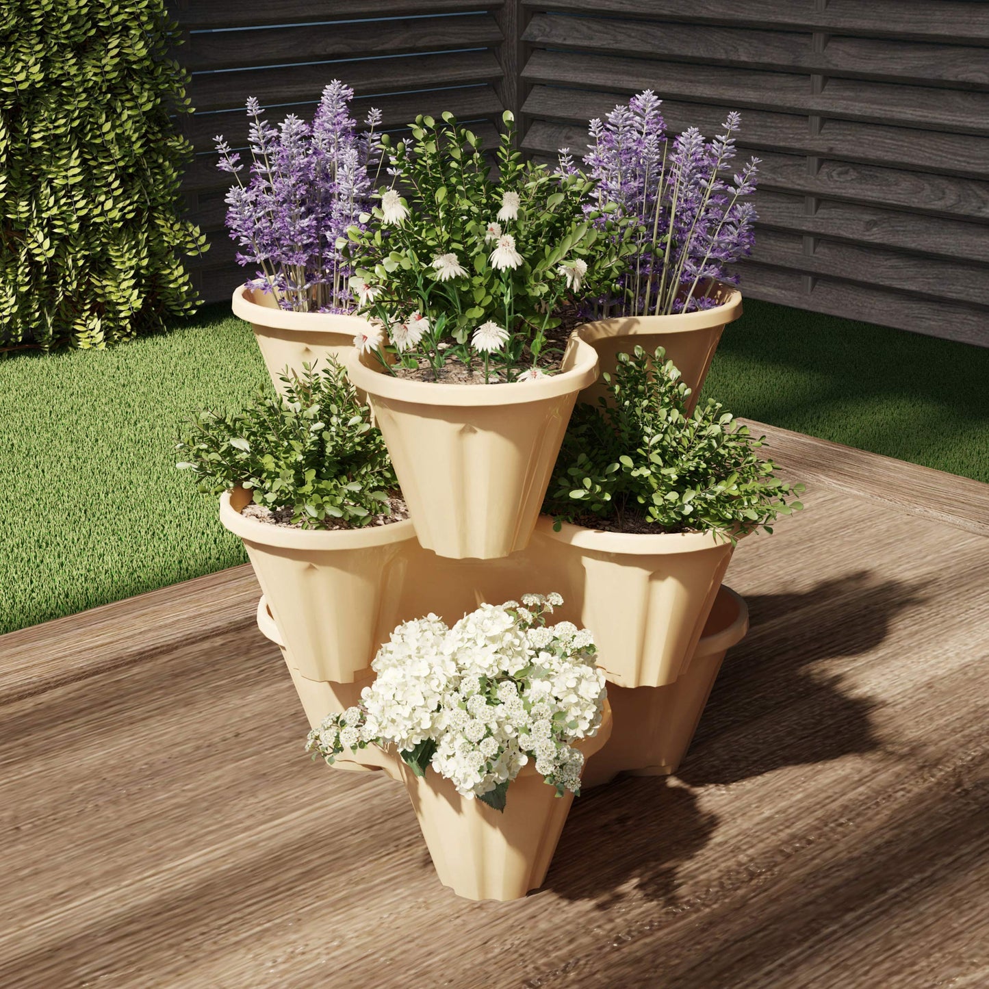 Set of 3 Stacking Planter Tower - 3-Tier Space Saving Flower Pots - Indoor/Outdoor Vertical Herb and Vegetable Planter by Pure Garden (Sand Stone)