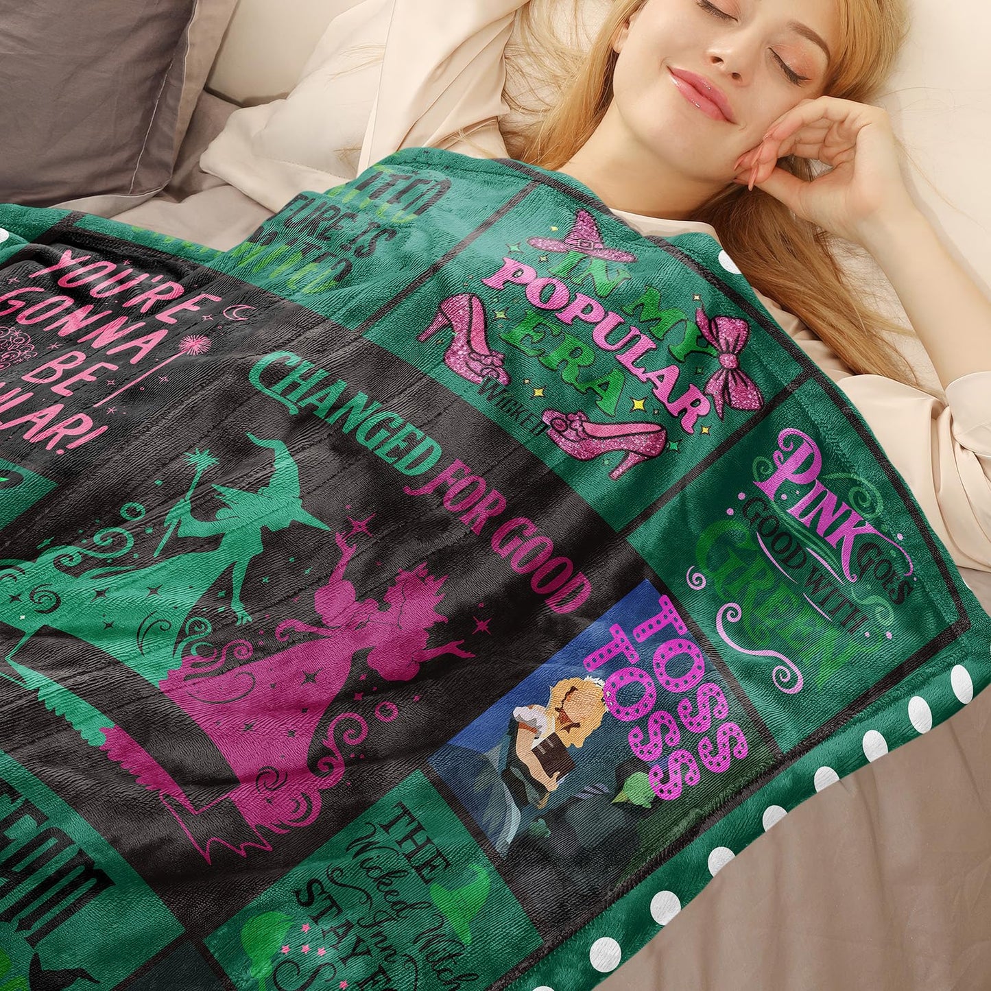 50'' x 40'' Witch Green Vintage Flannel Blanket, Evil Gift Queen Throw Broom, Elphaba Hat Glinda Magic Movie Land Blanket, All Seasons Warm Cozy Soft Blanket for Sofa Bed Halloween Women Fans 1
