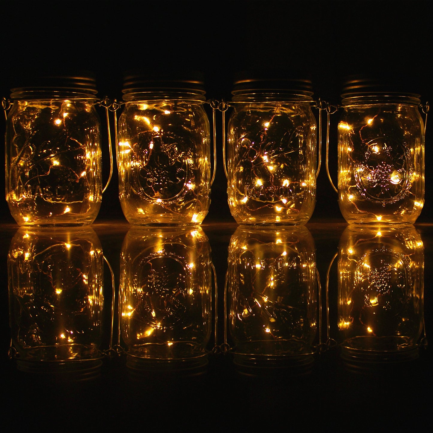 CHBKT 4-Pack Solar-powered Mason Jar Lights (Mason Jar / Handle Included),20 Bulbs Jar Hanging Light,Garden Outdoor Solar / Hanging Lantern,Decor Solar Light,Table Light,Patio Path Light,Warm White
