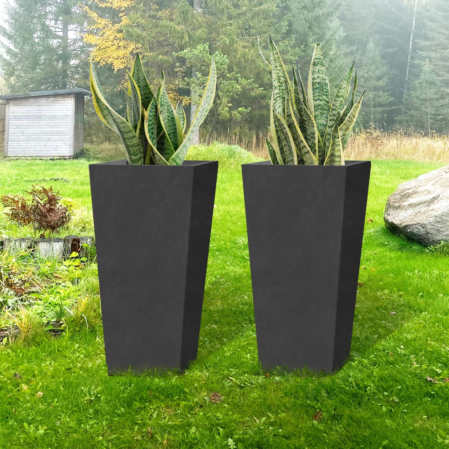 Kante 24.4" H Concrete Tall Tapered Planter Set of 2, Large Outdoor Indoor Garden Plant Pot with Drainage Hole and Rubber Plug Home and Patio, Burnished Black Finish
