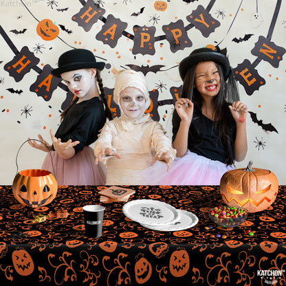 KatchOn, Pumpkin Halloween Tablecloth Plastic - 54x90 Inch, Pack of 3 | Pumpkin Tablecloth, Black and Orange Halloween Table Covers | Table Cloth Disposable