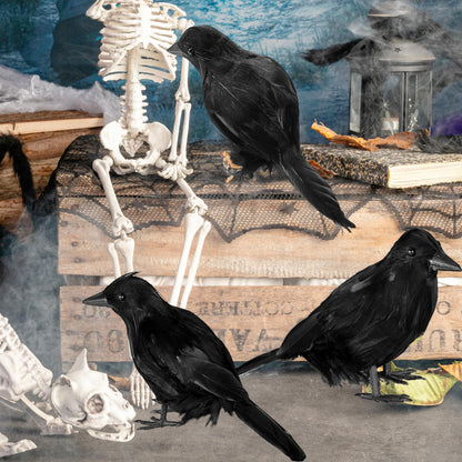 JOYIN Halloween Crow Raven 3Pcs Feather Bird, Black Prop Fake Birds Crows, Halloween Decorations for Haunted House Graveyard Cemetery Yard Table Party Favors
