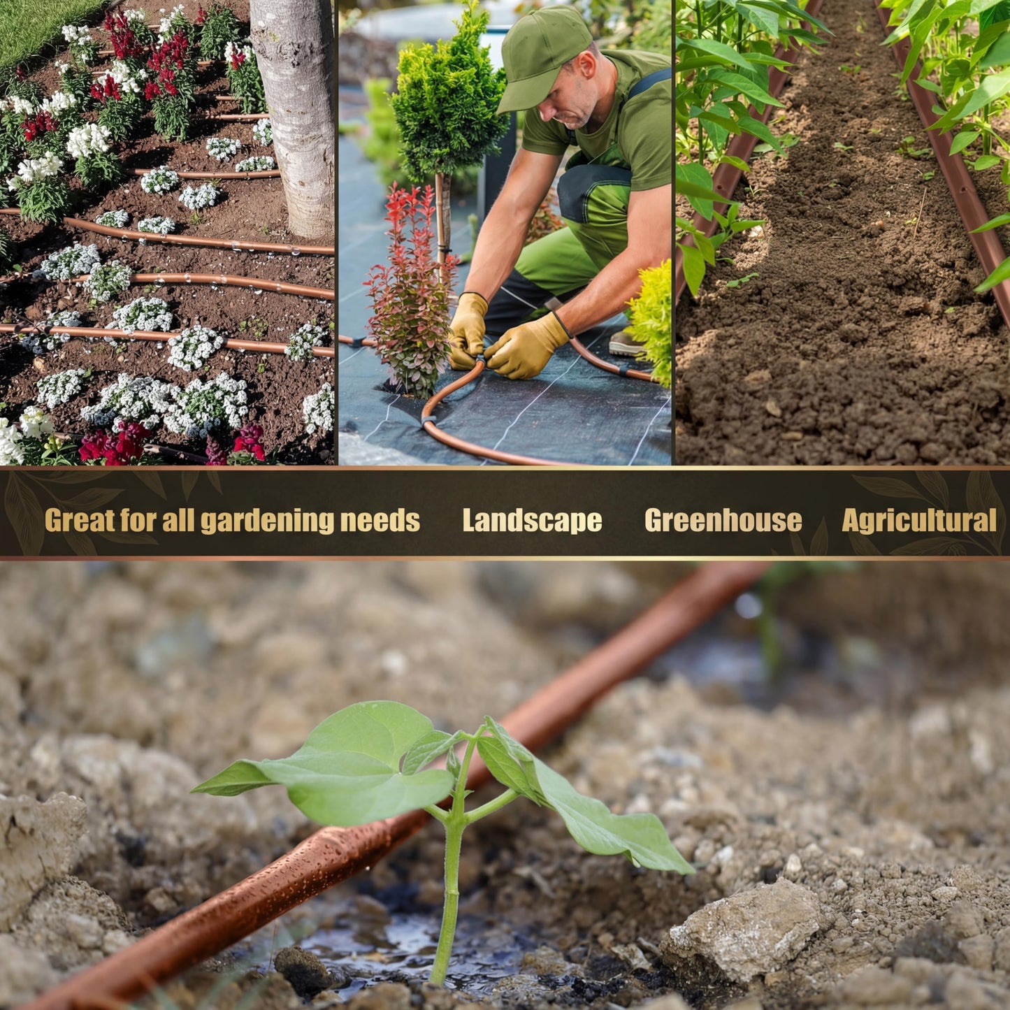 Innconee 100 ft 1/4 Inch Drip Irrigation Tubing with 6" Emitter Spacing Brown Hydroponics Dripline Hose Irrigation Drip Line Emitter Tubing Parts for Gardens Greenhouses Bed Flower Efficient Watering