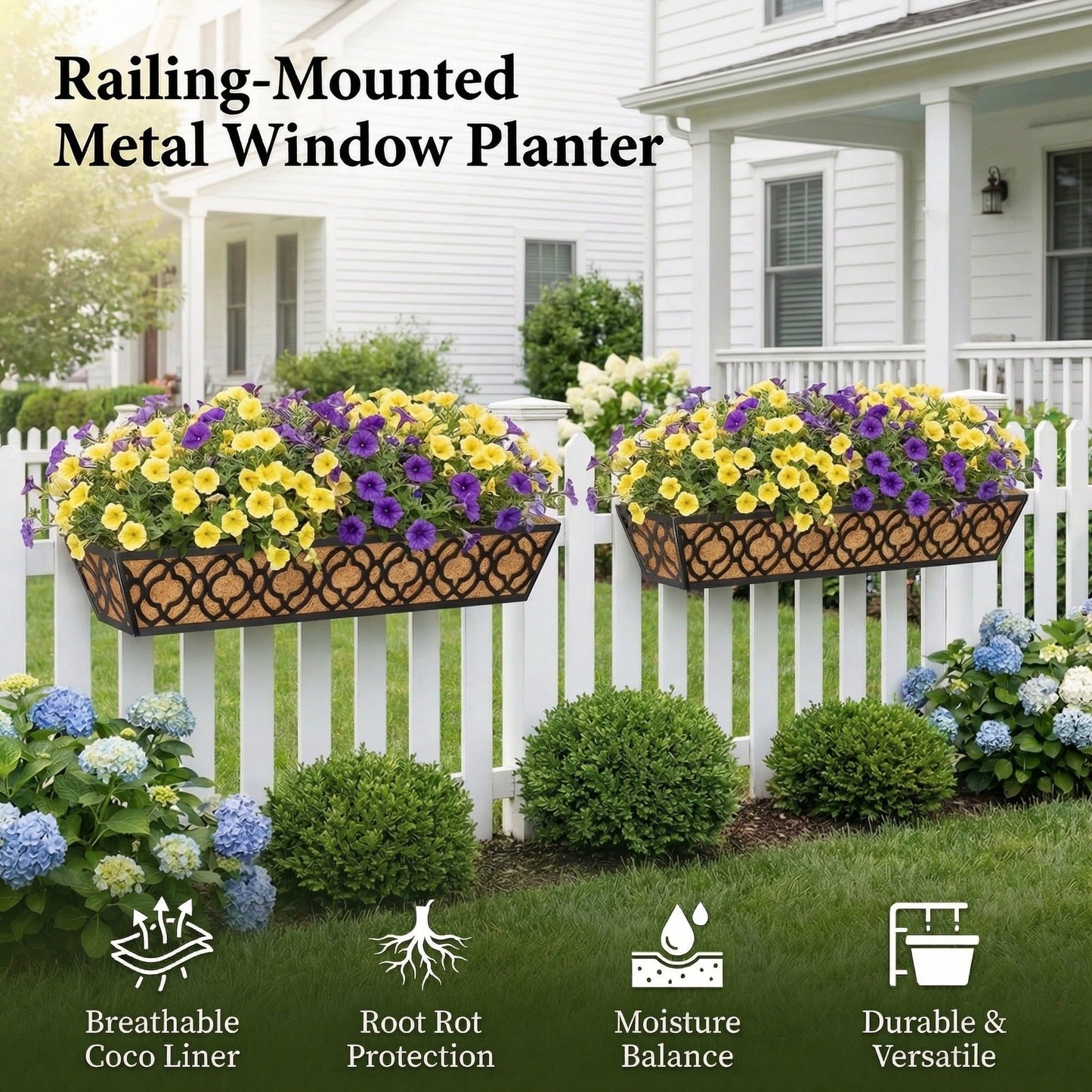 LAWYAMAI 4 Pack 30 Inch Railing Planter Box with Coco Liner, Adjustable Metal Window Box Planter for Balcony Deck Fence, Hanging Flower Basket for Outdoor Garden, Black