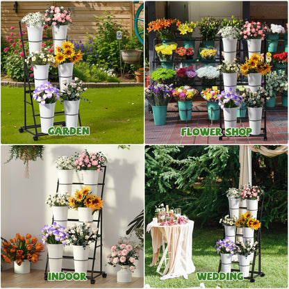 Invech Flower Display Stand with 6 Buckets and Wheels, 3 Tier Flower Cart Display Stand for Indoor Outdoor Garden, Wedding, Flower Shop (Existing Patent)