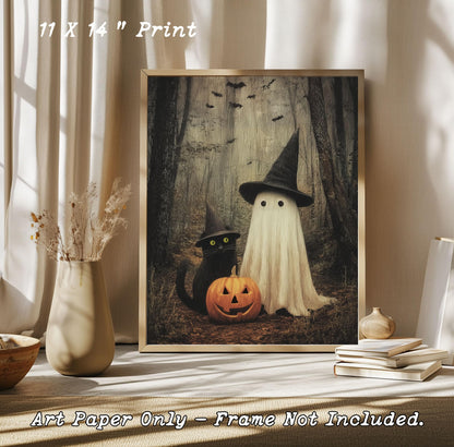 Japrex Ghost and Black Cat in Forest Wall Art Print, Spooky Halloween Art, Whimsigoth Wall Decor, Dark Academia Print, Farmhouse Halloween Decor, Fall Season Art (11 x 14 inch)