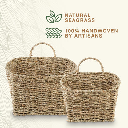 Set of 2 Wicker Hanging Basket for Organizing, Front Door, Mail, Flowers - Woven Wall Baskets for Storage (Seagrass)