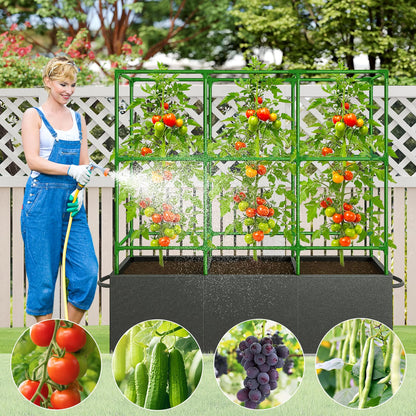Rovexin 51x17x49 Inch Garden Tomato Cages Planter with 46 Gallon Grow Bags, Square Plant Support Trellis,for Vertical Climbing Plants Vegetables Fruits Flowers Outdoor Gardening Supplies
