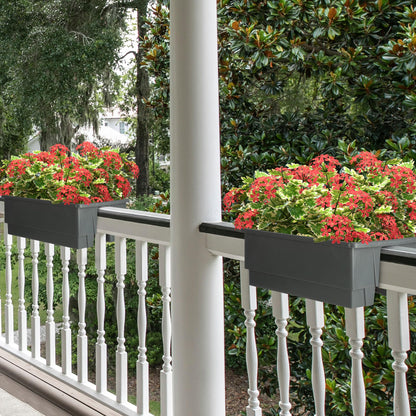Railing Planter Box 2-Pack - 20.75-Inch Flower Boxes with Removable Drainage Inserts - 6-Gallon Outdoor Planters for Porch, Deck, or Balcony Decor, Fits Rail 3” - 4” by Pure Garden (Gray)