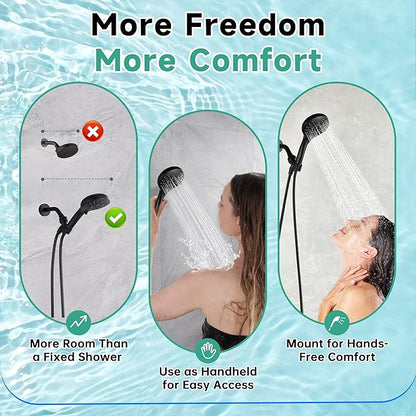 BRIGHT SHOWERS High Pressure Shower Head with Handheld, 9 Spray Settings Showerhead Built in Power Wash to Clean Tub and Pets, Extra Long 69" Hose, Adjustable Bracket, Matte Black