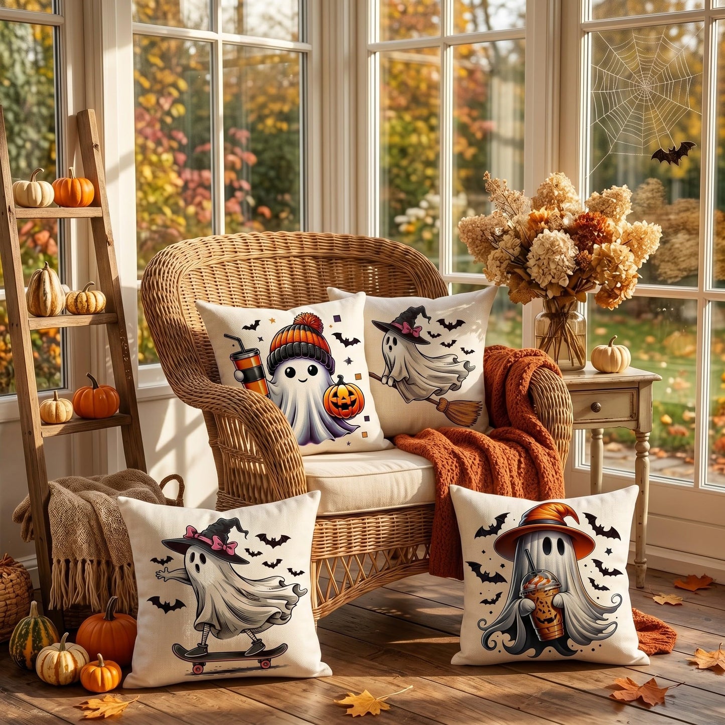 Fall Halloween Thanksgiving Pillow Covers 18x18 Set of 4, Faux Linen Polyester Decorative Throw Pillow Cases for Harvest Home Sofa Couch Bed Decor (CuteGhost)