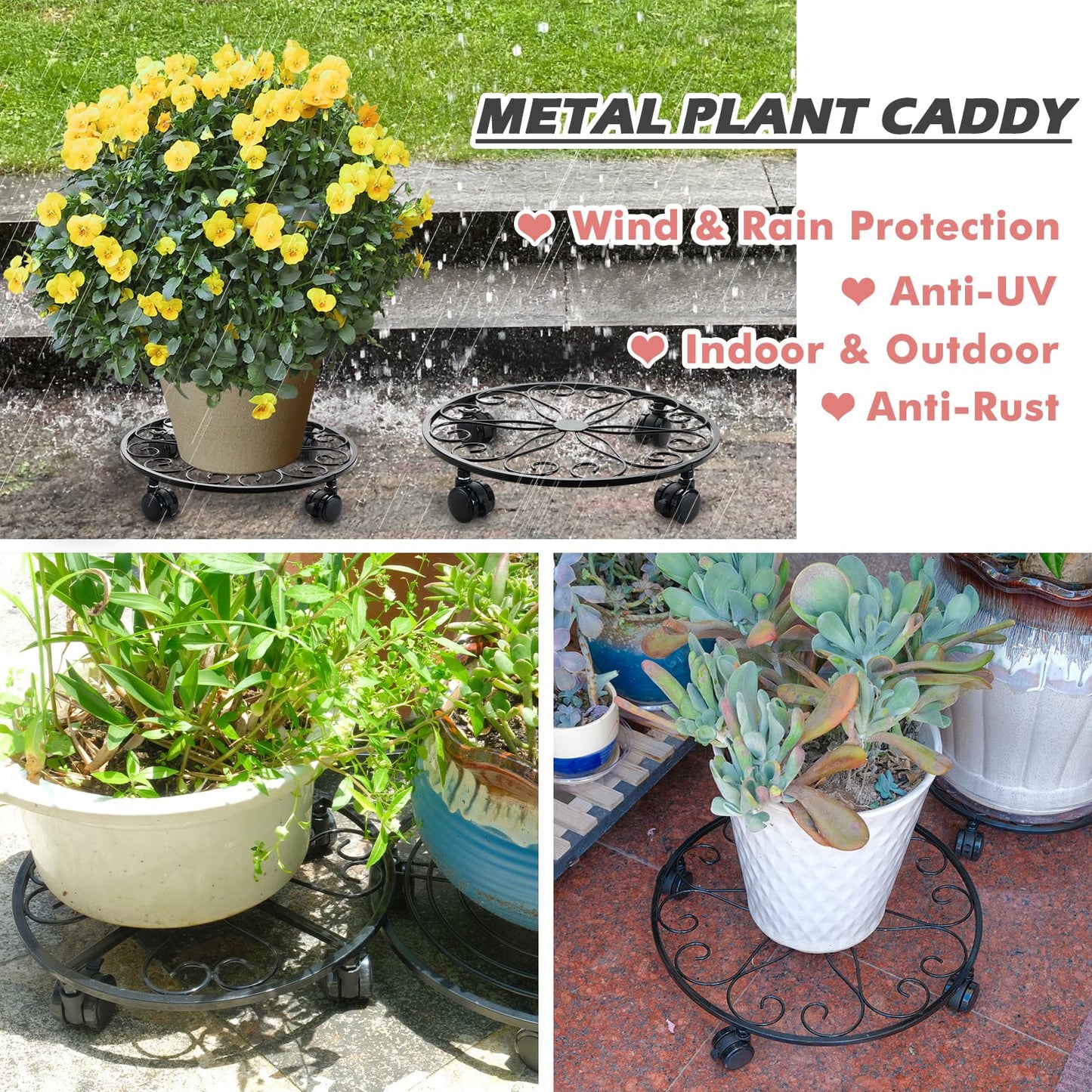 lucpur 6 Pack Metal Plant Stand with Wheels 13.5 Inch Plant Caddy with Wheels Heavy Duty Wrought Iron Rolling Plant Stand Plant Dolly Plant Rollers Plant Cart Plant Mover with 6 Pack Plant Saucers