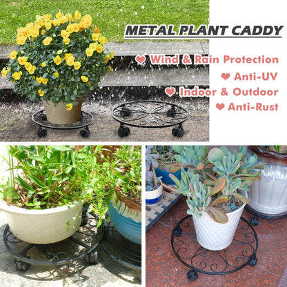 lucpur 6 Pack Metal Plant Stand with Wheels 13.5 Inch Plant Caddy with Wheels Heavy Duty Wrought Iron Rolling Plant Stand Plant Dolly Plant Rollers Plant Cart Plant Mover with 6 Pack Plant Saucers