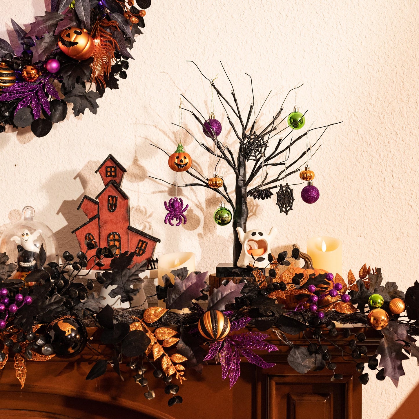 Valery Madelyn 16Inch Halloween Black Tree with 12ct Shatterproof Ornaments, Halloween Tabletop with Hanging Tree Decorations Ball Pumpkins Spider Bat Jack O Lantern(24 Orange LEDs)