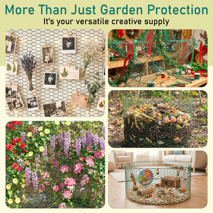 EcoBrisa 13.8x118" Plant Protectors from Animals, 2Roll Metal Mesh Plant Cages for Outdoor Plants Chicken Wire Cloche Wire Mesh for Garden Fence Kit with Ground Stakes & Nylon Tie,Gloves,Plier (Green)