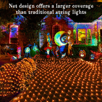 BlcTec Halloween Net Lights 360 LED 9.8ft x 6.6 Orange Halloween Lights with 8 Modes, Timer, Connectable, Waterproof & Dark Green Wire Design for Lawn, Porch, Shrub, Bushes Outdoor Holiday Decorations