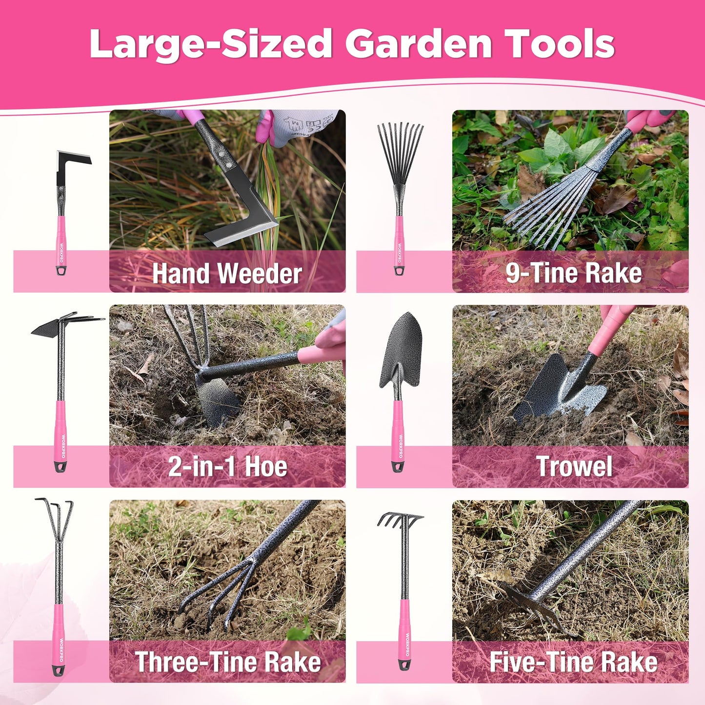 WORKPRO 6-Piece Pink Garden Tool Set, Heavy Duty Gardening Hand Tools with Soft Rubber Handle, Including Trowel, Rakes, 2-in-1 Hoe and Crack Weeder, Ideal Gardening Gifts for Men and Women