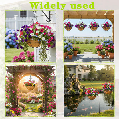 JFFLYIT 4 Pack 12" Round Metal Hanging Basket for Outdoor Plants Durable Large Hanging Planter with Coco Coir Round Plant Holders Planter for Outside Garden Decoration (Circular)