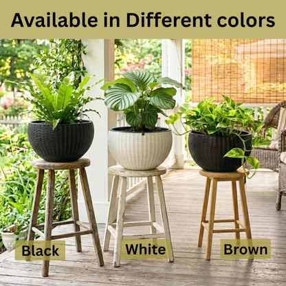 LaLaGreen Bundle- 3 Pack, 11 Black + 3 Pack, 11 Inch Brown Self Watering Hanging Plastic Basket Rattan Style Round Plant Flower Pots with Water Level Indicator Balcony Porch Modern Indoor Garden Decor