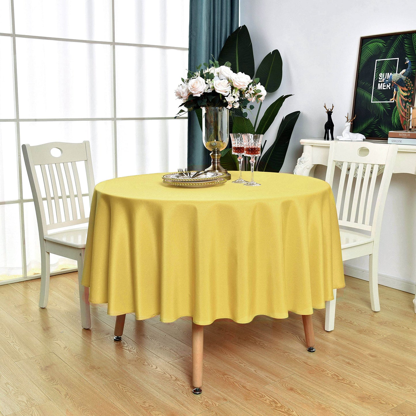 KAIPHO Yellow Round Tablecloth Waterproof Stain Resistant Wrinkle Free Table Cloth 210GSM Polyester Washable Wipeable Table Cover for Party, Banquet, Wedding, Indoor and Outdoor (90 inch, Circle)
