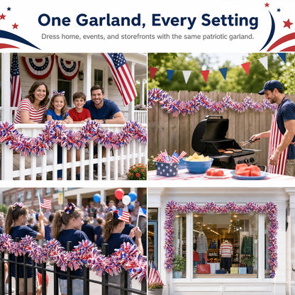 50 FT 4th of July Garland, Indoor & Outdoor Red White and Blue Patriotic Tinsel with American Flags, US Party Decor for Mantel, Stairs, Porch Railings, Golf Cart, Parade Float & America 250