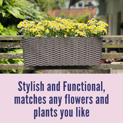 LaLaGreen Outdoor Rail Planter for Balcony (20 Inch, 2 Pack) Large Black Self Watering Railing Planters with Brackets, Rectangular Plastic Window Flower Box Fence Designer Choice with Rattan Pattern