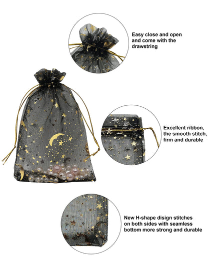 Jexila 100PCS Black Organza Gift Bags 4X6 Small Mesh Bags Drawstring Jewelry Pouch Halloween Goodie Treat Bag Moon Star for Birthday Party Favor Candy Bag