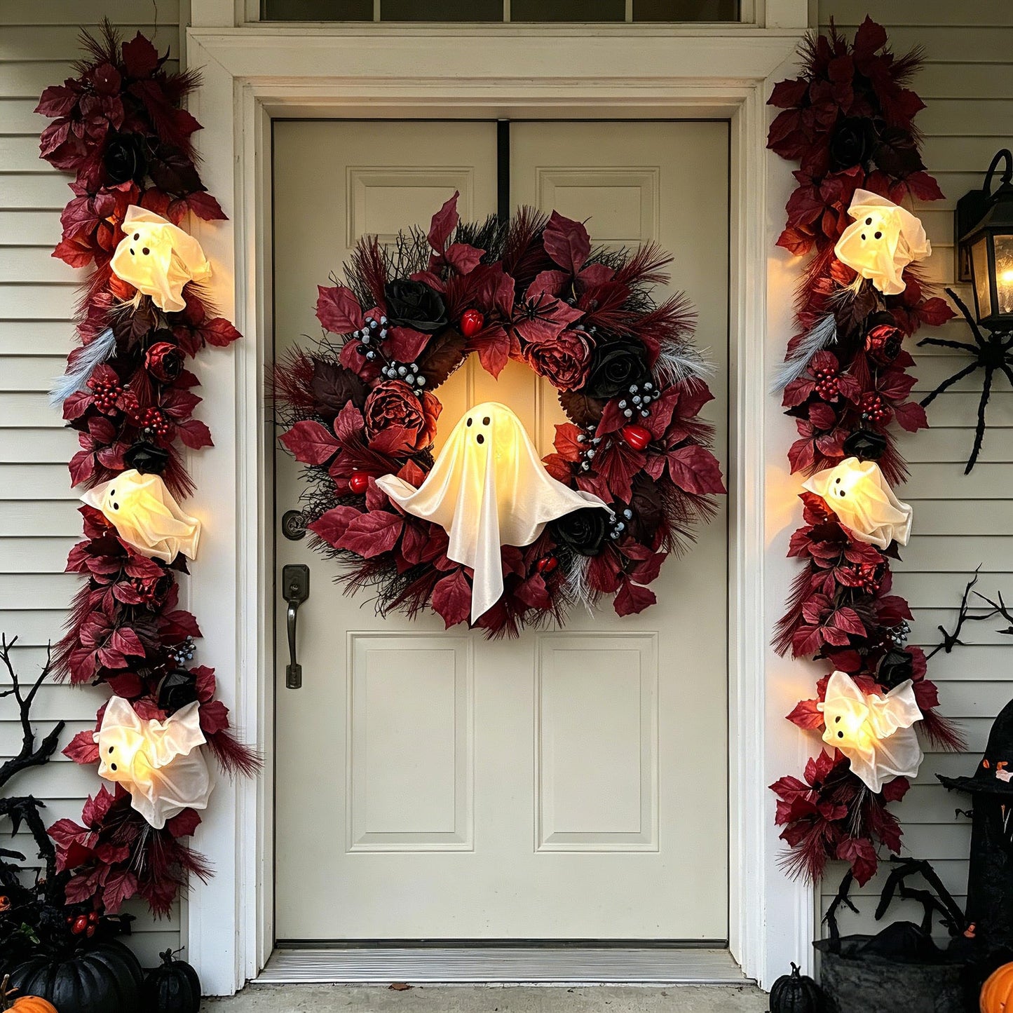 HipTree 6 FT Gothic Halloween Garland with Light-Up Cute White Ghosts, Spooky Fall Eucalyptus Garland with Burgundy Leaves & Pampas Grass for Mantle Fireplace Staircase Indoor Outdoor
