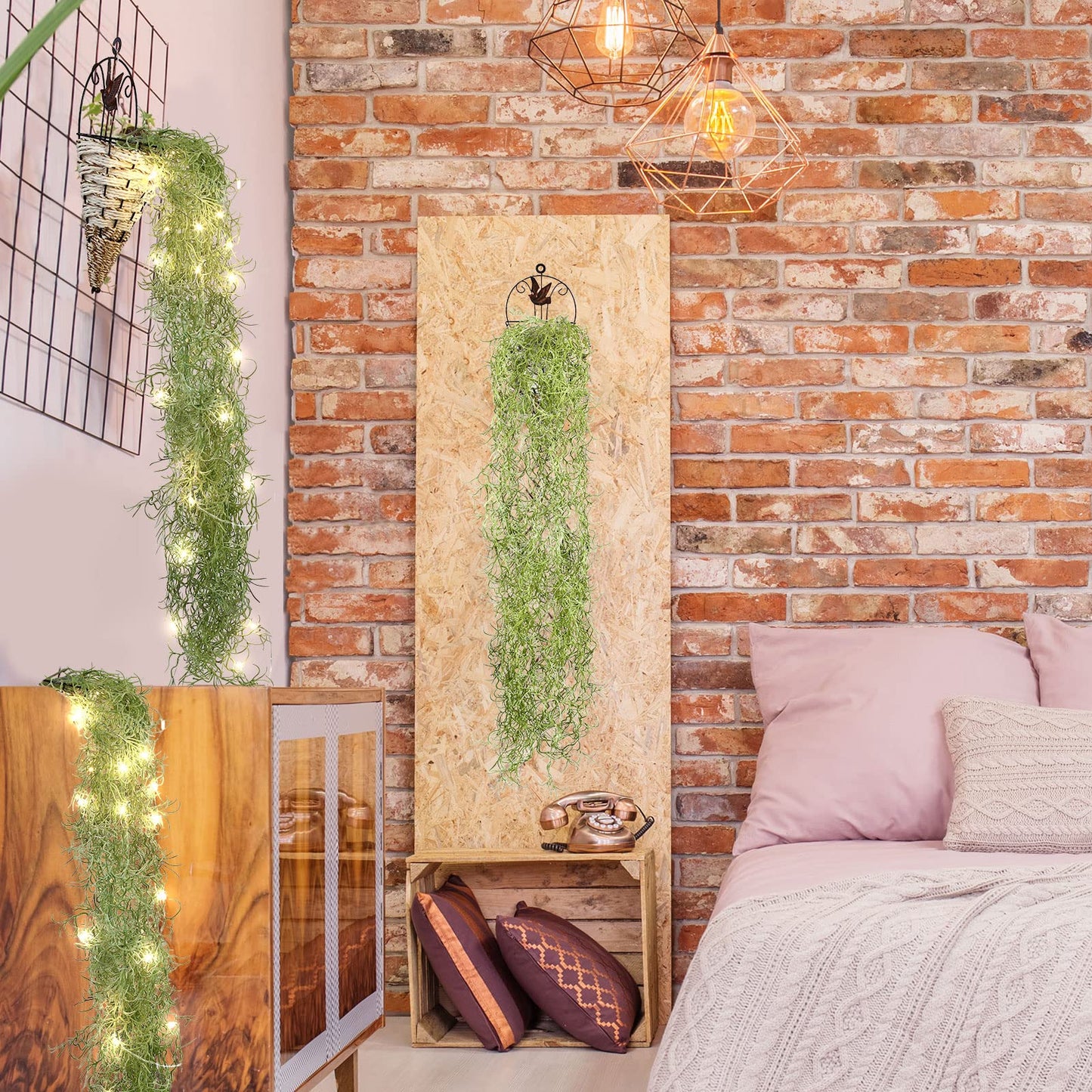 Mudder 3 Packs LED Artificial Hanging Plants, 3.6 ft Fake Hanging Plant, Ivy Vine Fake Leaves Greeny Chain Wall Home Room Garden Wedding Garland Outside Decor (Basket Not Included) (Vines Moss)