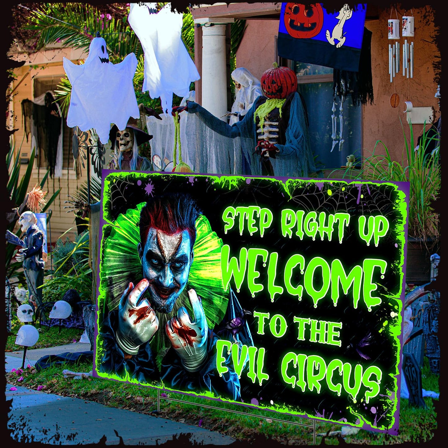 Colingmill Halloween Decorations Outdoor Circus Clown Yard Signs with Stake Large Fluorescent Scary Creepy Carnival Decor Welcome to The Evil Circus Lawn Sign for Outside Garden Halloween Party Decor