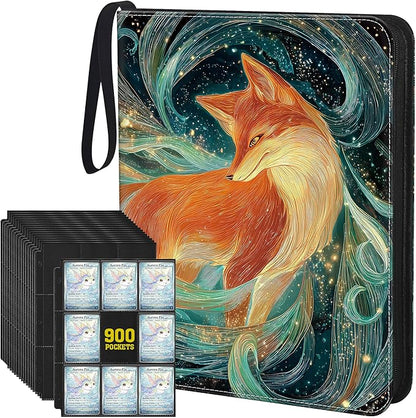 Trading Card Binder 9 Pocket, 900-Pocket Zippered 3-Ring Card Binder with 50 Double-Sided Pages, Fits 2.5" x 3.5" Cards, Acid-Free PVC-Free, Water-Resistant PU Cover, Wrist Strap, Fox Design