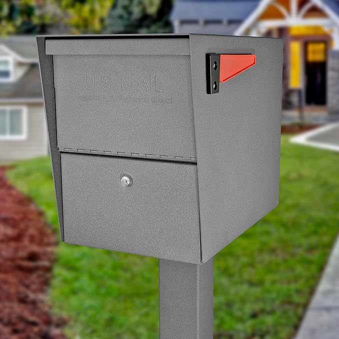 Mail Boss 7205 Package Master Curbside Locking Security Mailbox | Granite 21.5 x 12 x 16.5 inches & 7126 Surface Mount, Granite Mailbox Post