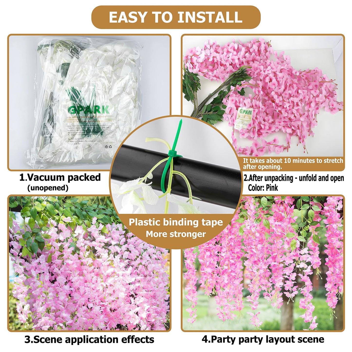GPARK 12 Pieces/Each 45 inch / 3.7 ft Wisteria Artificial Flower Bushy Silk Vine Ratta Hanging Garland Hanging for Wedding Party Garden Outdoor Greenery Office Wall Decoration Pink