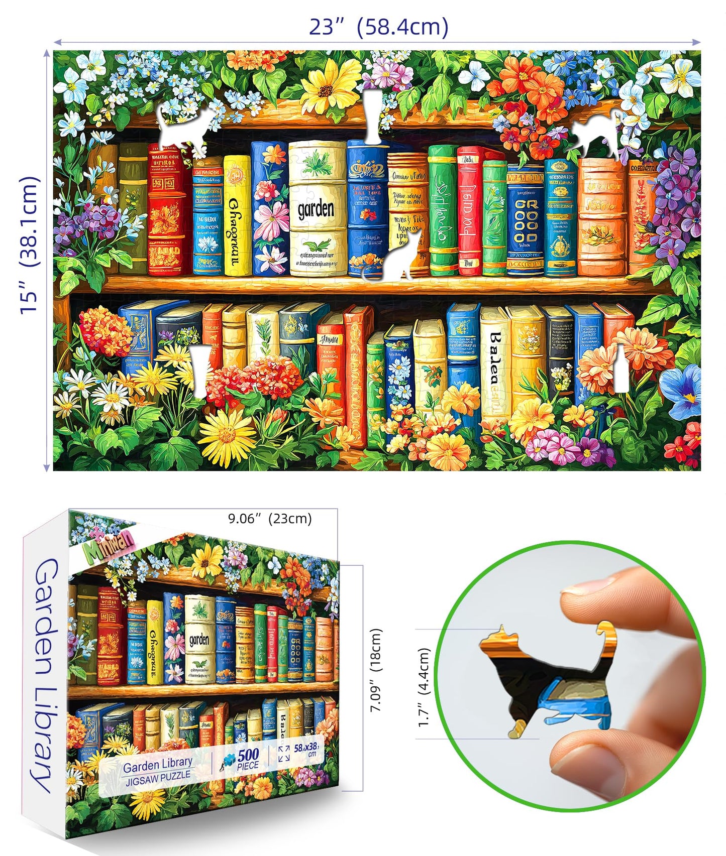 MINIWAN 500 Piece Jigsaw Puzzles for Adults & Seniors - Garden Library Floral Bookshelf Puzzle, 23"x15" Adult Puzzle with Letters on Back, Unique Shaped Pieces, Home Decor & Gift