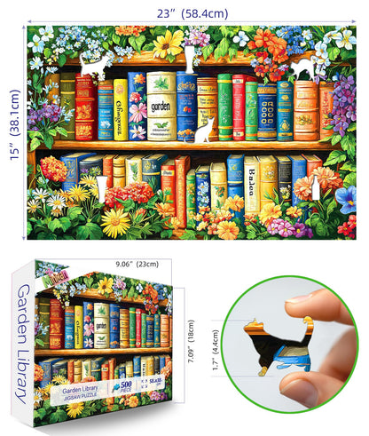 MINIWAN 500 Piece Jigsaw Puzzles for Adults & Seniors - Garden Library Floral Bookshelf Puzzle, 23"x15" Adult Puzzle with Letters on Back, Unique Shaped Pieces, Home Decor & Gift