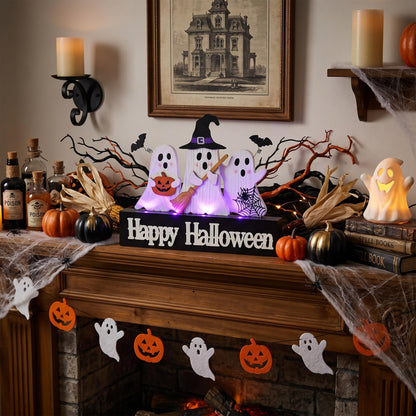 Valery Madelyn Halloween Decorations with Purple LED Lights, Lighted Halloween Ghost Decor, Tabletop Sign with Witch Hat Broom Bats Jack O Lantern for Home Party Indoor, 12 Inch