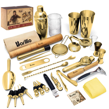 Barillio Bar Tool Set Pro Edition - Gold Stainless-Steel Cocktail Shaker Set - Mixology Bartender Kit w/Boston Shaker, Drink Mixer & Muddler for Cocktails - Home Bar Accessories - 32-Pc Bar kit