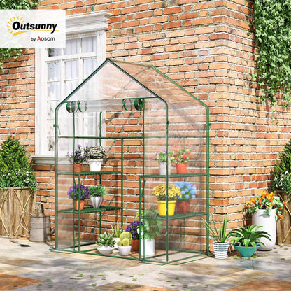 Outsunny 5' x 2.5' x 6.5' Mini Walk-in Greenhouse Kit, Portable Green House with 3 Tier Shelves, Roll-Up Door, and Weatherized Plastic Cover for Backyard Garden, Clear