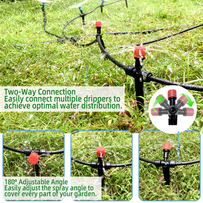 10PCS Push-to-Connect Drip Irrigation Emitters for 1/4 inch Irrigation Tubing, Two-Way Connection Adjustable Drip Emitter Sprayer with Stake, Irrigation Dripper Sprinklers for Drip Irrigation System