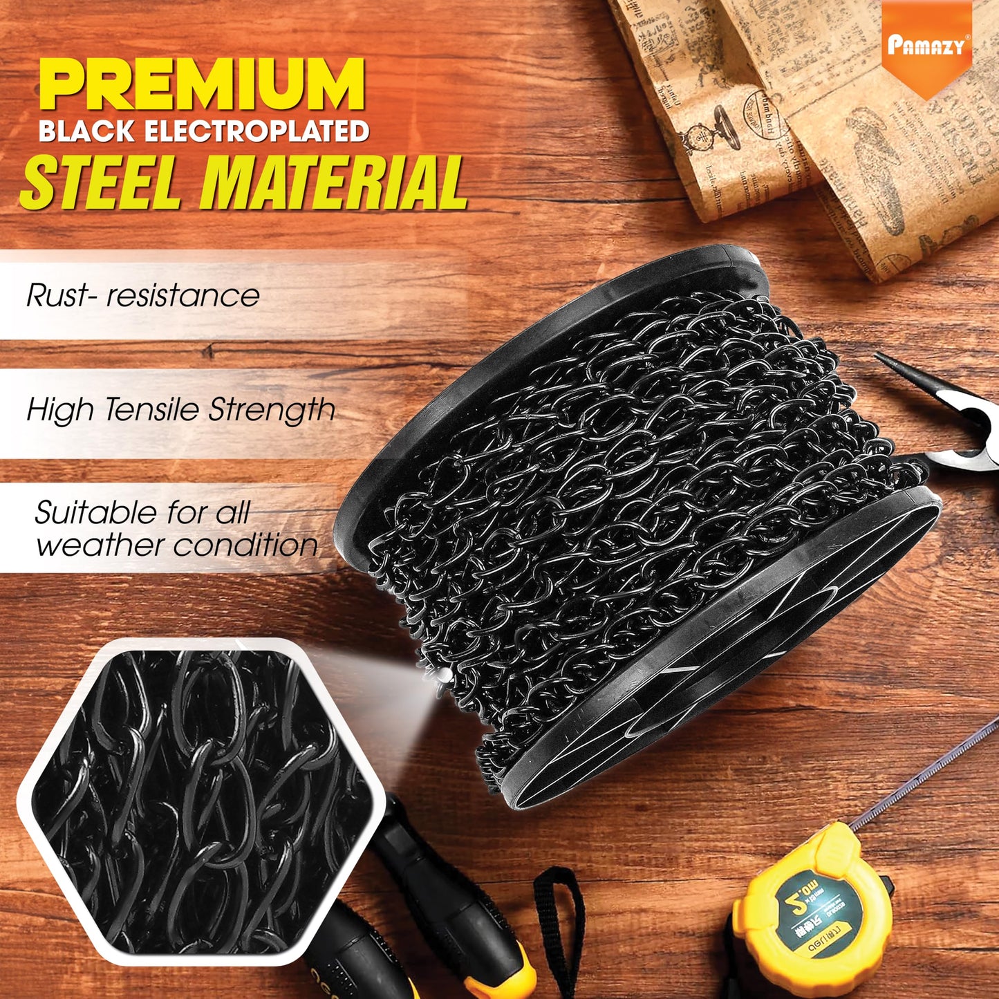 [Upgraded] 50FT Black Electroplated Steel Hanging Chain Roll, Pliers Included, 20LBS Load Capacity, Durable, Rust-Resistant, Adjustable Length for Hanging Bird Feeders, Planters, Lanterns, Billboards