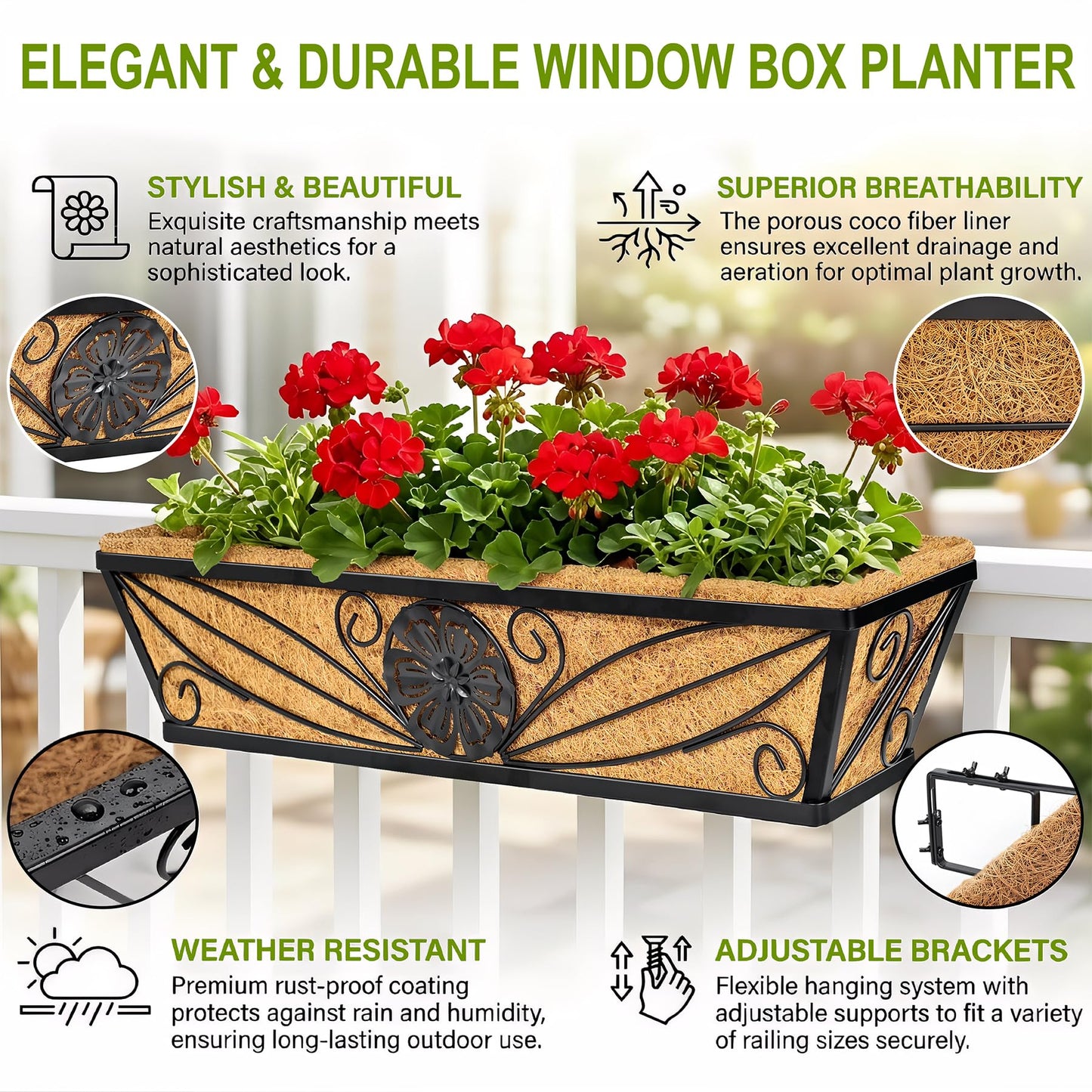 MUYEZHIYU 2 Pack 24 Inch Railing Planter Boxes with Coco Liner, Floral Scroll Metal Window Box Planters for Outdoor Plants, Black Hanging Window Baskets for Garden, Patio, Balcony Railing Decor