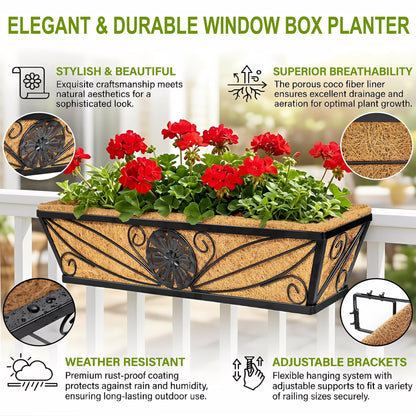 MUYEZHIYU 2 Pack 24 Inch Railing Planter Boxes with Coco Liner, Floral Scroll Metal Window Box Planters for Outdoor Plants, Black Hanging Window Baskets for Garden, Patio, Balcony Railing Decor