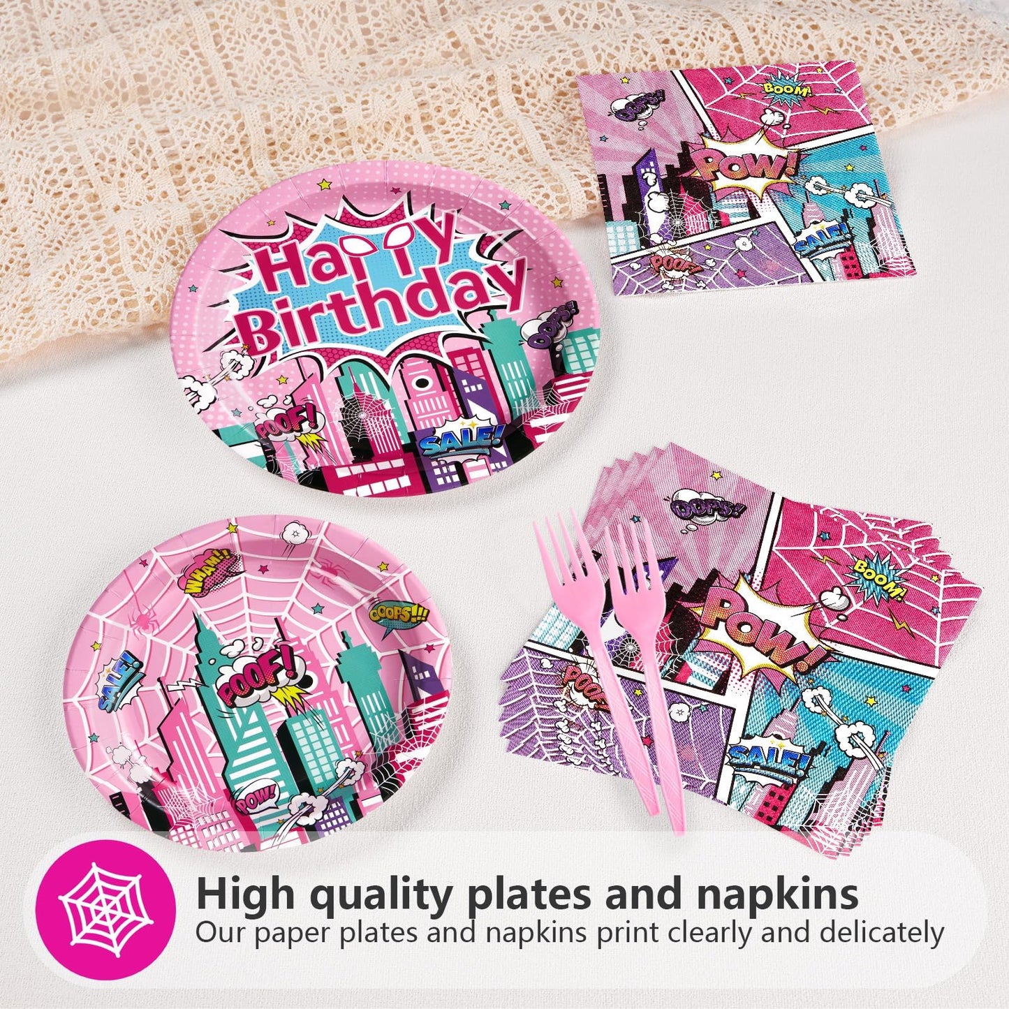Grencian 96 Pcs Pink Spider Birthday Party Supplies Super Girl Hero Paper Plates and Napkins Spider Pink Ghost Decorations Tableware Set for Girls Birthday Baby Shower Serves 24