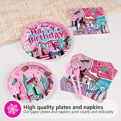 Grencian 96 Pcs Pink Spider Birthday Party Supplies Super Girl Hero Paper Plates and Napkins Spider Pink Ghost Decorations Tableware Set for Girls Birthday Baby Shower Serves 24