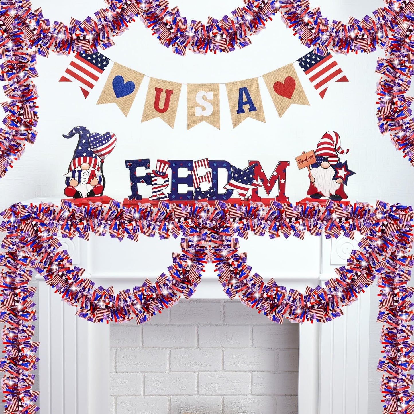 50 FT 4th of July Tinsel Garland, Red White and Blue Patriotic Flags Garland for Home Party Holiday Celebration for 250th Anniversary Memorial Day Independence Day 4th of July Decorations
