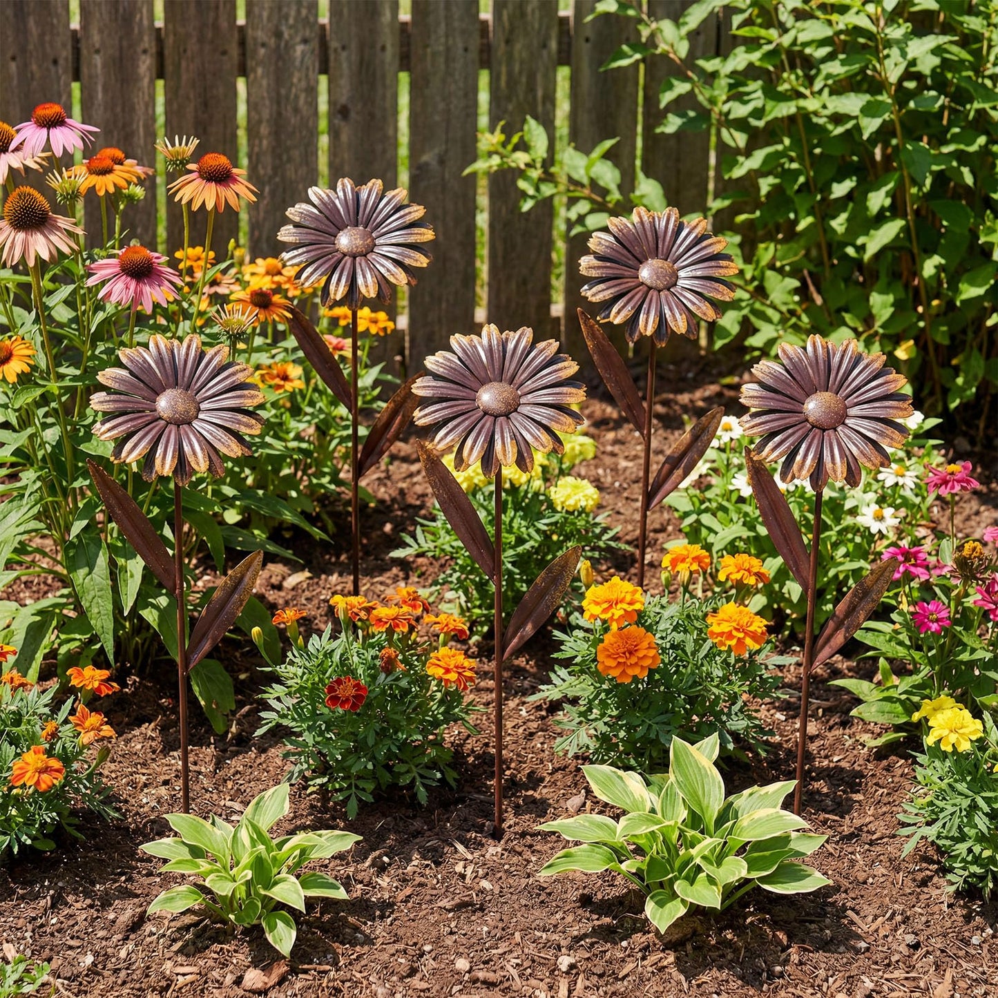 5 Pcs 11.8 Inch 3D Rusty Metal Garden Stakes, Weatherproof Decorative Plant Picks for Farmhouse Outdoor Yard, Lawn, Patio & Walkway(Daisy)