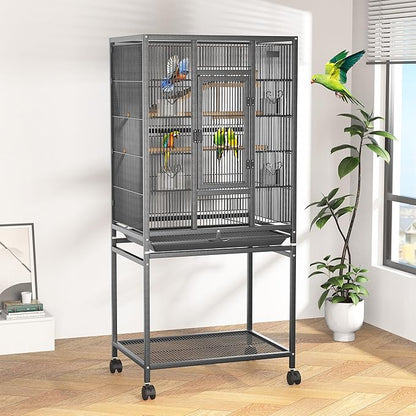 54" Large Bird Cage with Wheels, Durable Wrought Iron Parakeet Cage with Slide Out Tray, Black Bird Cages with Feeding Cups, Wooden Platform, Swing & Perches, for Lovebird, Cockatiels, Budgies