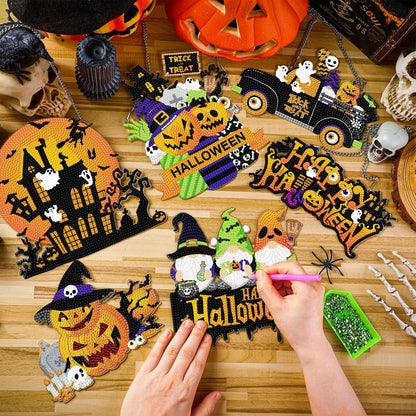 Zonon 6 Pcs Halloween Diamond Painting Hanging Sign Set 5d Gnome Pumpkin Diamond Art Set for Adults DIY Art Pendant Ornaments Kits Acrylic Bat Skull Ghost Truck for Halloween Wall Door Window Decor