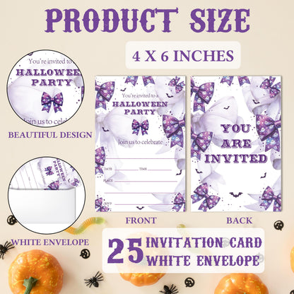 SIXEIGHT Purple Bow Halloween Party Invitations, Cute Ghost Halloween Invitations for Boys Girls, 25 Pack Purple Invite Cards with Envelopes, Wedding Birthday Baby Shower Party Decorations-E07